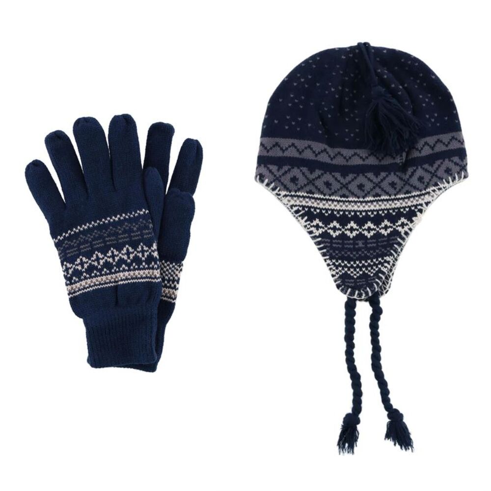 CTM Men's Heavy Knit Winter Pattern Helmet Hat and Glove Set